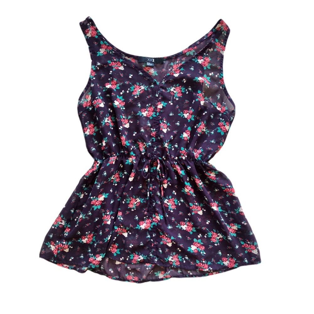 Forever 21 Sheer Floral Cinched Waist Tank Top